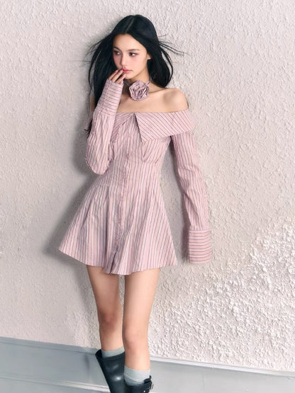 AGAM original design French niche pure lust style one-shoulder lapel waist dress striped off-shoulder shirt dress
