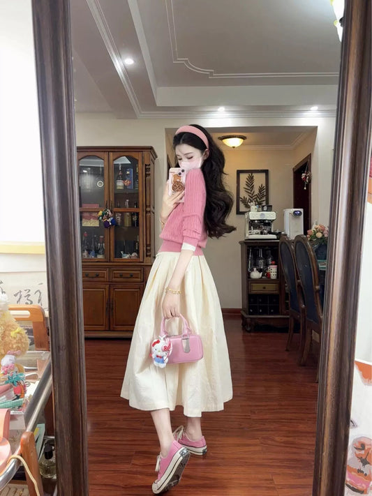 Korean style pink knitted cardigan wear a complete set of half-length dress women 2024 autumn new long skirt suit
