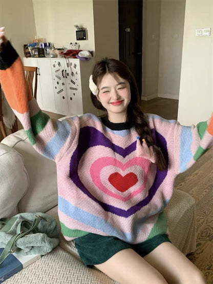 Korean sweet color matching love round neck knitted thick sweater for women autumn and winter 2023 new loose mid-length top A2244
