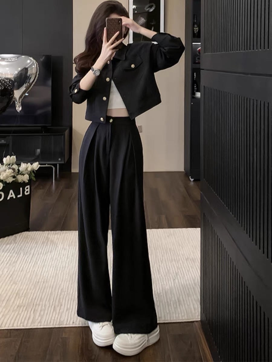 European goods 2023 spring and autumn new style acetate top women's short coat casual suit pants suit two-piece set for women