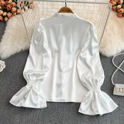 Palace style retro temperament trumpet sleeve stand collar acetate satin shirt French design feeling western style loose top women