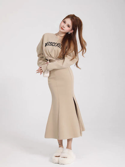 Xiao P Yi Zhan short sweatshirt suit skirt women's casual slit fishtail dress lively age-reducing long skirt two-piece set (S0943)