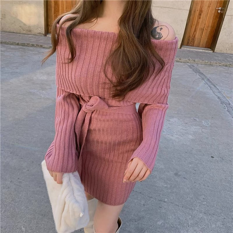 One-shoulder knitted bottoming dress for women in autumn and winter new slim-fitting long-sleeved waist slimming versatile hip-covering short skirt