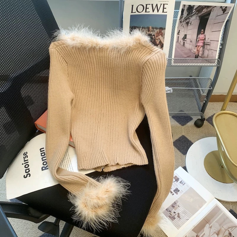 Maillard retro French fur patchwork sweater for women autumn and winter new style pure lust style slim long-sleeved sweater top