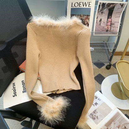 Maillard retro French fur patchwork sweater for women autumn and winter new style pure lust style slim long-sleeved sweater top