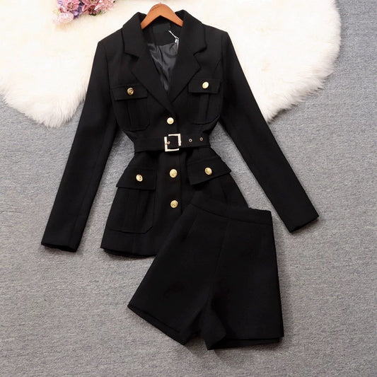 Fashionable ladies' high-end double-breasted waist-cinching blazer + shorts two-piece suit