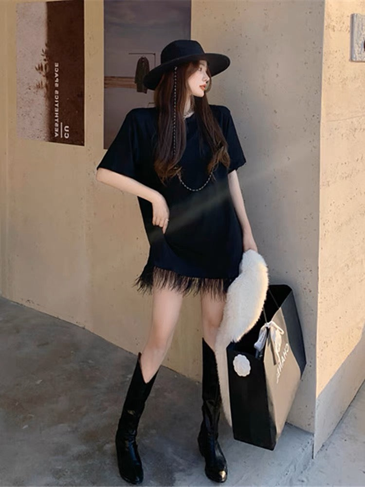 2023 new summer Korean style short-sleeved French retro Hepburn style raw edge tassel black T-shirt dress for women