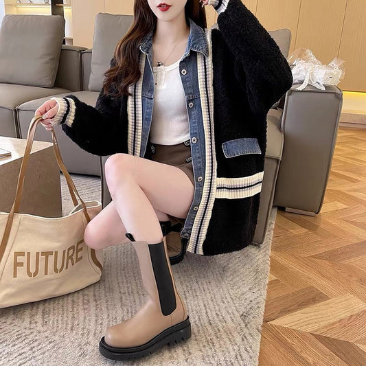 Designed denim splicing sweater cardigan for women 2023 new autumn casual loose and versatile knitted jacket (S0611)