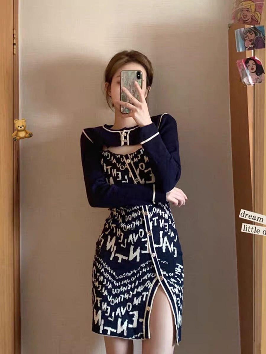 High-end knitted suit for women 2023 new spring and autumn fashion retro temperament irregular slit skirt two-piece set