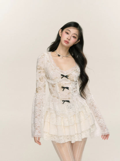 Shao Ye Yan Bai Moss Rose French Pure Desire Lace Sweet Spicy T-shirt Women's Autumn and Winter Ruffled Long Sleeve Slim Top