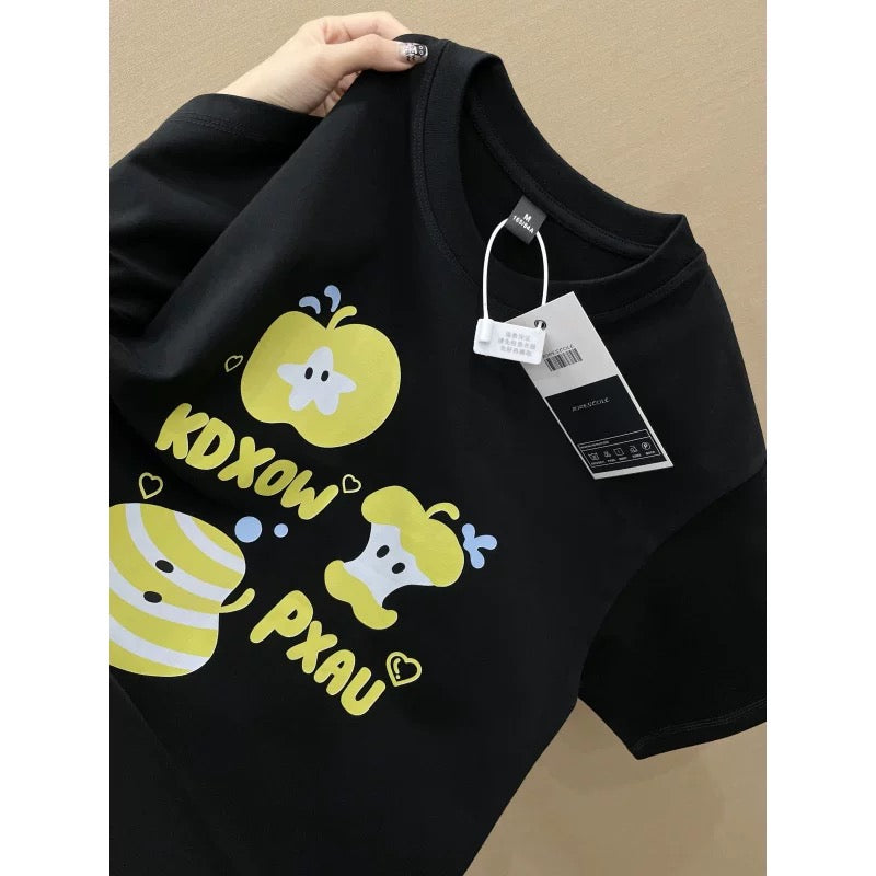 American style ins three bears printed cotton short-sleeved T-shirt men and women summer heavyweight all-match loose couple tops