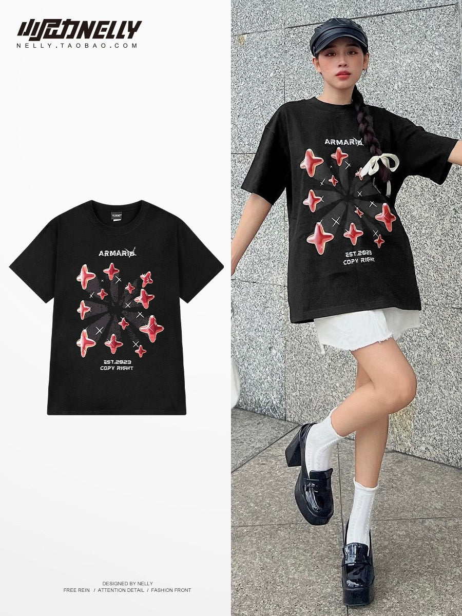 National trend high street four-pointed star print short-sleeved T-shirt men and women pure cotton summer American loose ins trendy couple half-sleeve