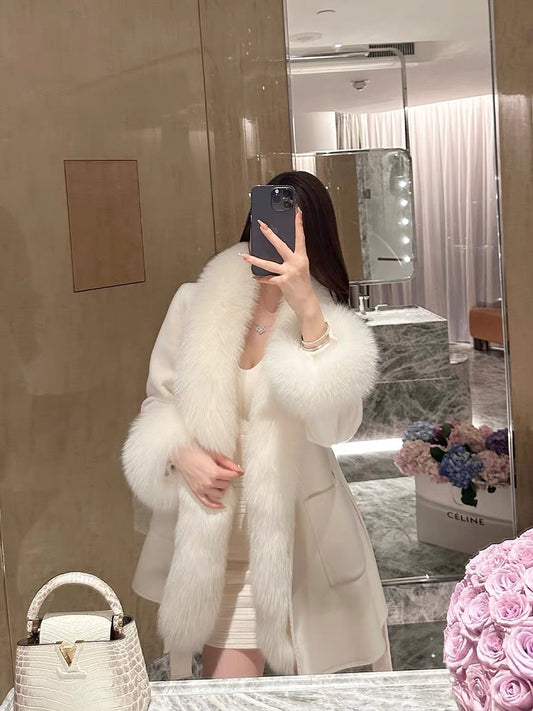 Shanxi said fox fur collar splicing 100% wool double-sided woolen coat vest jacket women's winter temperament two-piece set (B8895)