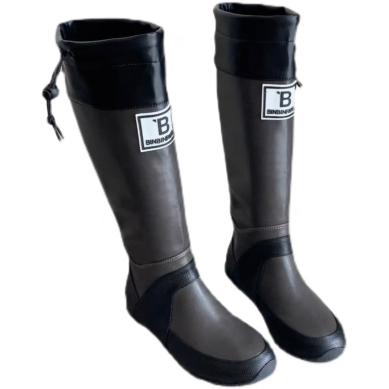 Japan Wild Bird Association boots women's outdoor camping knight boots retro boots but knee flat heel waterproof rain boots
