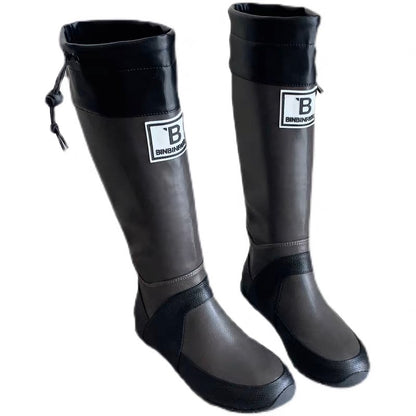 Japan Wild Bird Association boots women's outdoor camping knight boots retro boots but knee flat heel waterproof rain boots