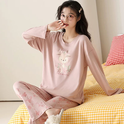Pajamas for women Spring and Autumn 2024 new long-sleeved cotton large size summer cute autumn and winter home clothes suit