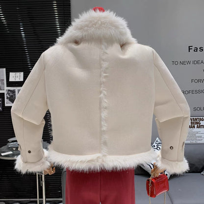 Fur all-in-one motorcycle jacket short style Korean style imitation deerskin velvet zipper warm stylish jacket for women
