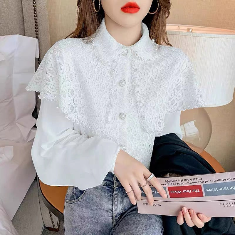 2023 Autumn New Fashionable Ruffled Chiffon Shirt Versatile Women's Loose Western Style Beaded Shawl Shirt Top (B2314)