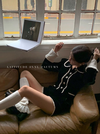 LATTITUDE/Yang Xiaolu black velvet earring contrast jacket + shorts set