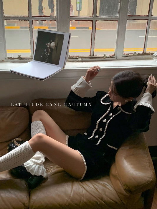 LATTITUDE/Yang Xiaolu black velvet earring contrast jacket + shorts set