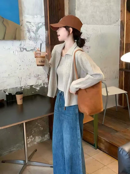Women’s "-style" knit set – 2026 new spring/autumn collection, featuring a two-piece ensemble with a sweater jacket and a camisole.