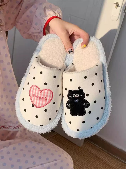 Thin strips, interesting polka dot kitten confinement shoes for women, warm and velvet, comfortable autumn and winter leisure home cotton slippers