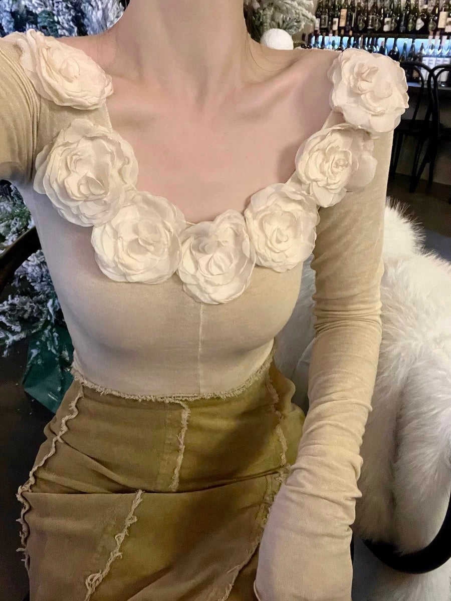 sorozien peony moth orchid original flower skin-friendly long-sleeved bottoming shirt women's slim T-shirt inner top