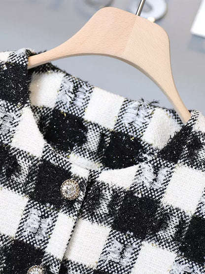 Miss DG Temperament Socialite Xiaoxiangfeng Fashion Suit Women's 2024 Spring Black and White Plaid Short Jacket Midi-Length Skirt