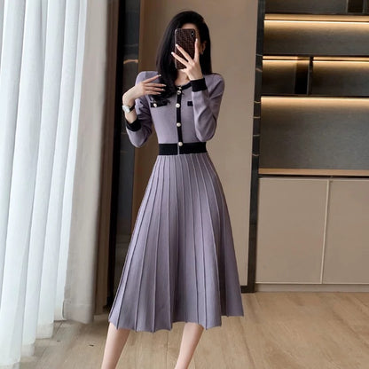 French socialite small fragrant style large hem knitted dress 2022 autumn and winter new high-waisted A-line over-the-knee temperament long skirt