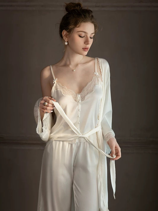 Forced to sell pajamas French suspenders trousers cardigan pajamas women's three-piece loose silk suit home clothes autumn and winter