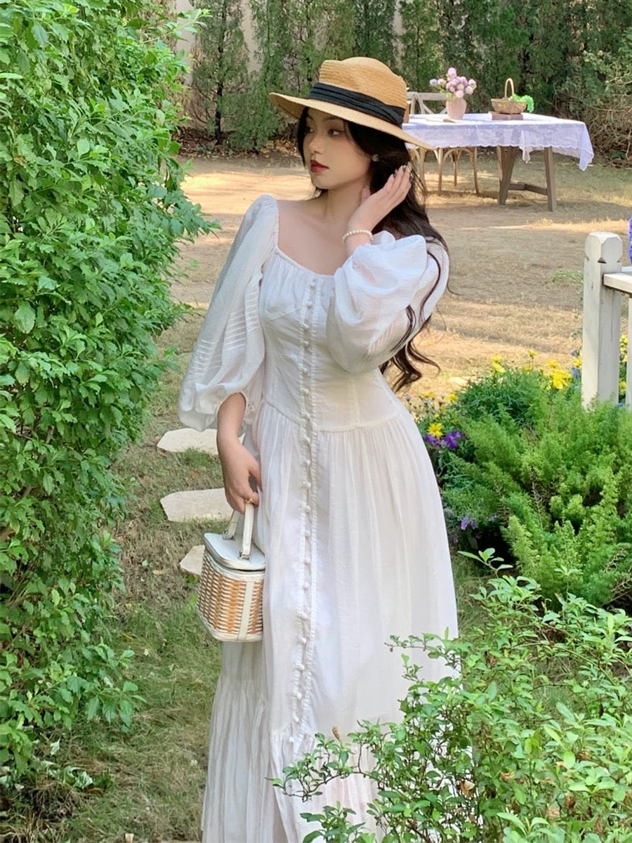 Tang Gongzi French white dress for tea break, waist slimming, high-end –  Lee Nhi Boutique