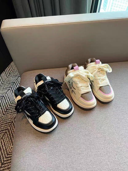 Board shoes women's shoes 2023 autumn new Korean style lace-up color matching leather mesh breathable thick-soled women's casual shoes