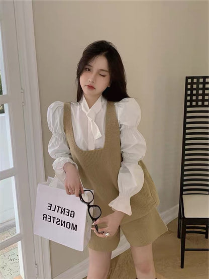 2023 New Light Mature Khaki Sweater Vest Vest Suit Puff Sleeve Lotus Sleeve White Shirt Three-piece Suit