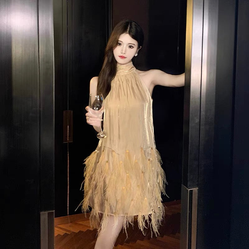 High-end Feather Tassel Halter Dress Feminine Socialite Light Luxury Banquet Sleeveless Loose Slimming A-Line Skirt