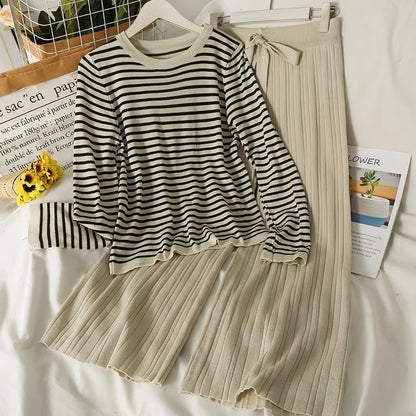 Suit Women's New Striped Slim Fit Round Neck Long Sleeve Knitted Bottoming Shirt Drawstring Tie High Waisted Wide Leg Pants Autumn
