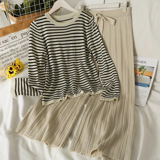 Suit Women's New Striped Slim Fit Round Neck Long Sleeve Knitted Bottoming Shirt Drawstring Tie High Waisted Wide Leg Pants Autumn