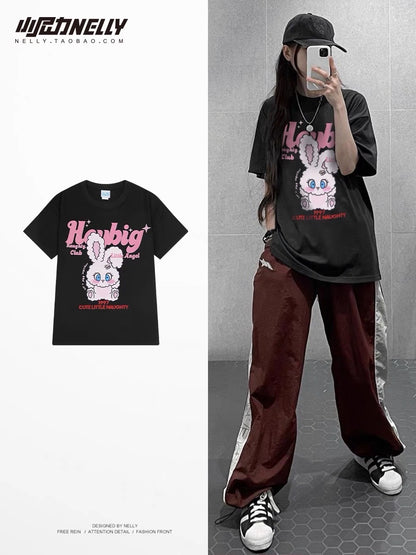 ins loose thin round neck top summer rabbit print shoulder oversize men's and women's T-shirt half-sleeved sleeves