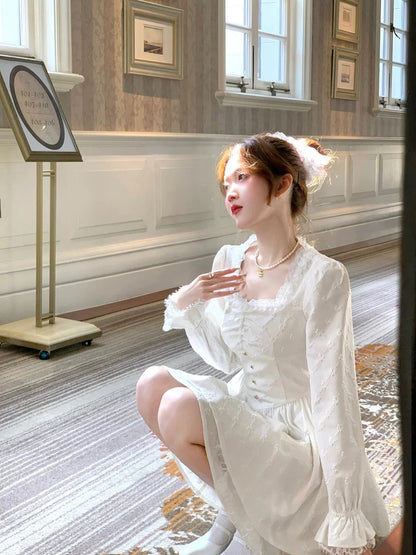 Q Women's Home White Dew under the Moon/French White Jacquard Square Neck Dress Spring Irregular Hem Long Sleeve Little White Dress