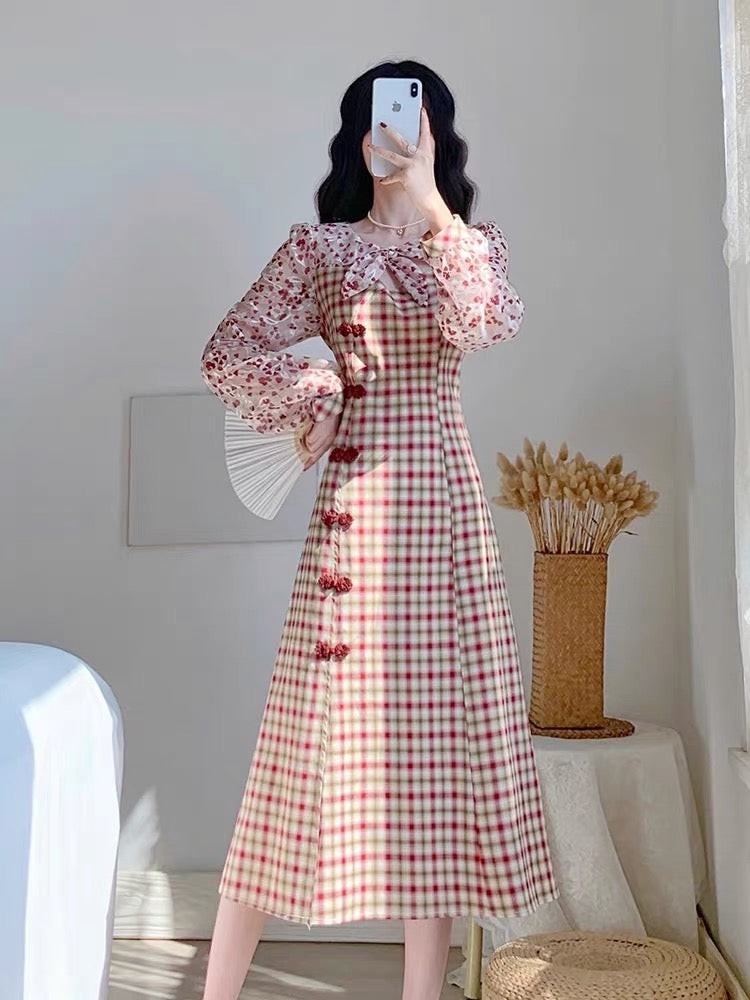 Autumn 2023 new women's skirt French niche design plaid improved cheongsam temperament long-sleeved dress