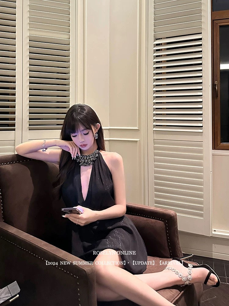 Roselyn black hot flash ancient early Qianjin style heavy diamond halter neck waist dress women's high-end little black dress