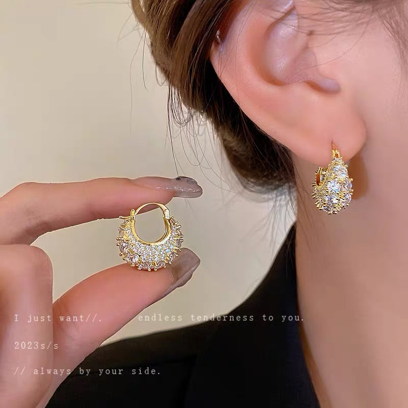 Real gold electroplating light luxury fashion zircon bag ear buckle personality high-end sense earrings female net red temperament earrings