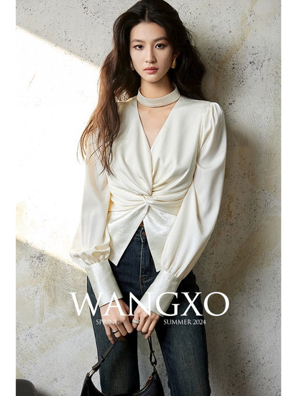 WANGXO丨High-definition and luxurious matte walnut satin丨V-neck halterneck waist-cinching splicing design long-sleeved shirt for women