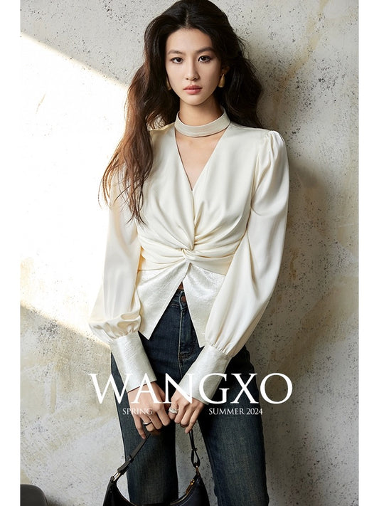 WANGXO丨High-definition and luxurious matte walnut satin丨V-neck halterneck waist-cinching splicing design long-sleeved shirt for women