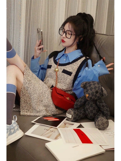 Dopamine autumn wear sweet shirt top small fragrance vest dress two-piece suit female lively age reduction