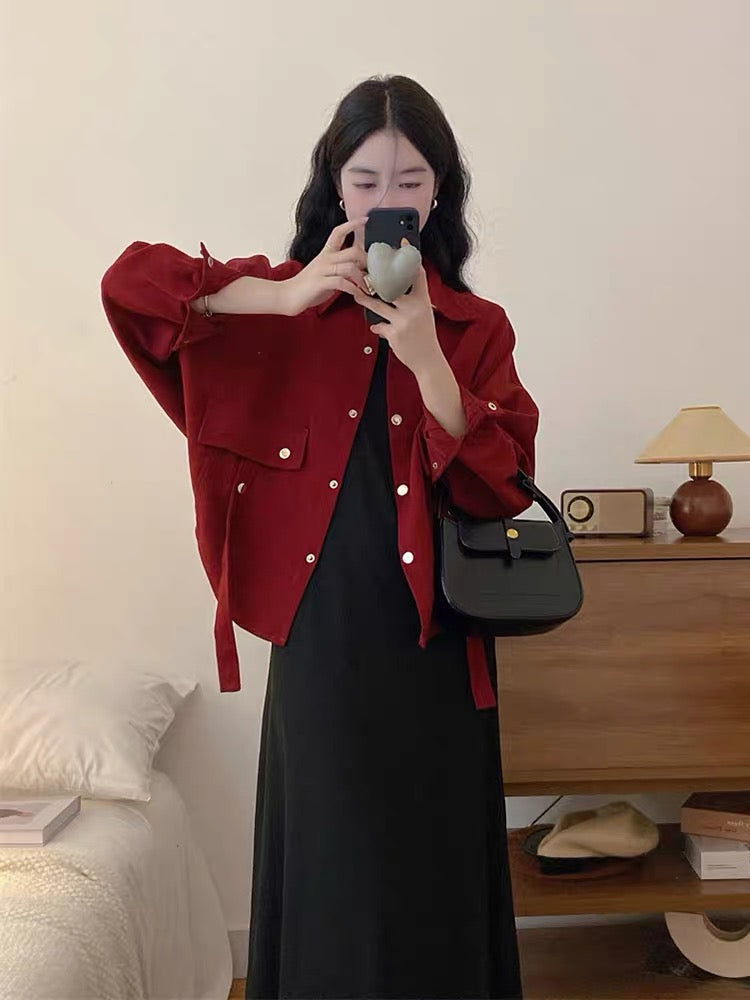 Early autumn new large size dress suit women's red short coat + black vest long skirt casual two-piece set (S0972)