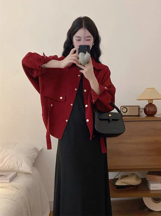 Early autumn new large size dress suit women's red short coat + black vest long skirt casual two-piece set (S0972)
