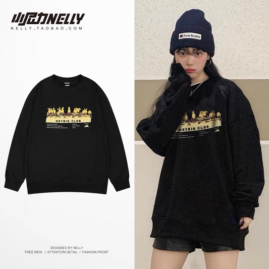 American vibe high street round neck pullover sweatshirt for men in autumn trendy brand retro hip-hop style loose and versatile velvet top