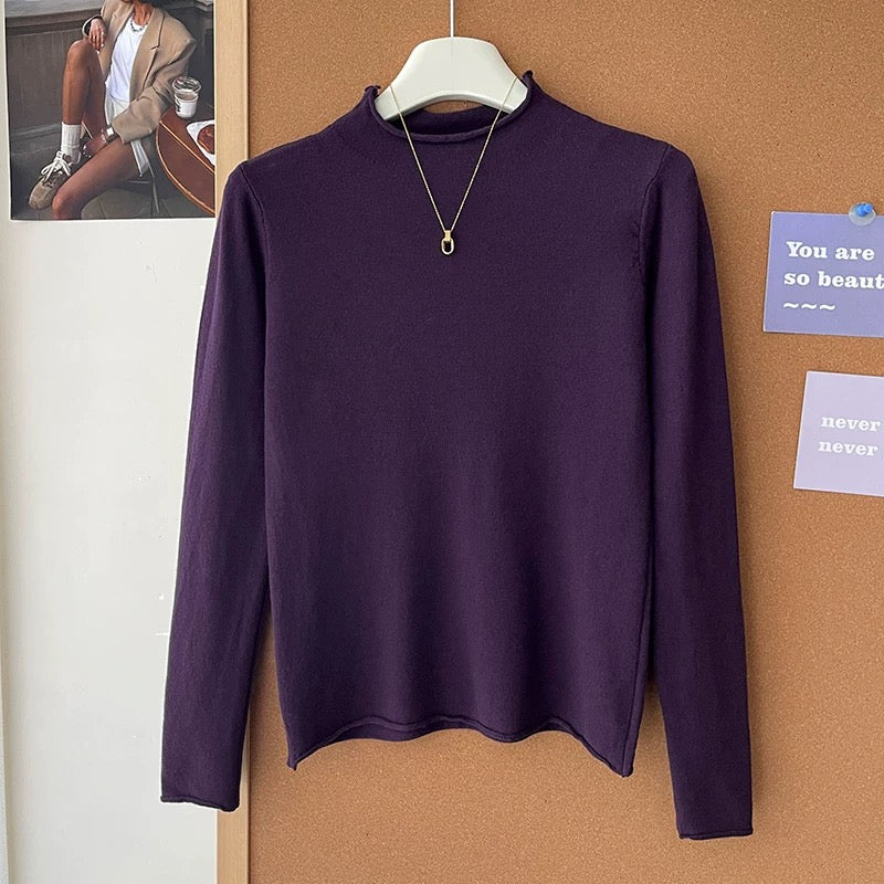 Retro soft and sticky cashmere rolled-edge turtleneck knit sweater for women, autumn and winter, gentle and versatile layering base layer top.