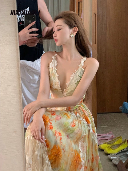 XIAOLI Morning Mist Silk Blended Floral Lace Suspender Dress Spring and Summer French High-end Exquisite Skirt