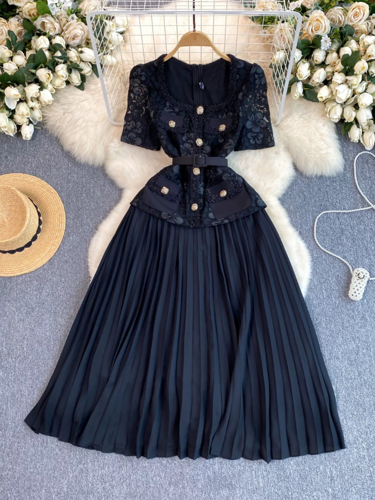 French Chanel style dress for women high-end exquisite temperament square collar lace splicing pleated long skirt celebrity dress